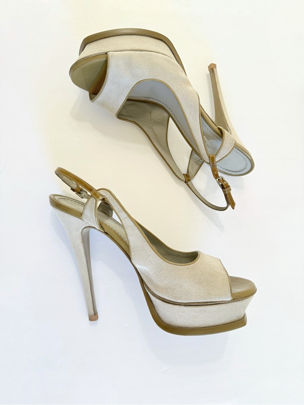 YSL YVES SAINT LAURENT GRAY SUEDE GREEN TRIM PLATFORM TRIBUTE SLINGBACK HEELS - Picture 4 of 13